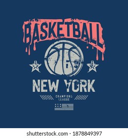 Vector illustration on the theme of basketball in New York City. Vintage design. Grunge background.  Sport typography, t-shirt graphics, poster, banner, flyer, print and postcard