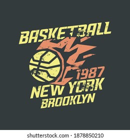 Vector Illustration On The Theme Of Basketball In New York City. Vintage Design. Grunge Background.  Sport Typography, T-shirt Graphics, Poster, Banner, Flyer, Print And Postcard