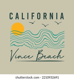 Vector illustration on the theme of beach and surf in California. Vintage design. Sport typography, t-shirt graphics, print, poster, banner, flyer, postcard