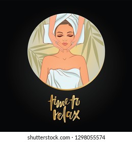 Vector illustration on the theme of beauty, self-care, spa center, relaxation. Can be used for business cards, flyers, beauty salons.