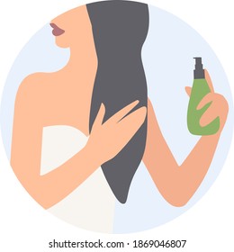 
Vector illustration on the theme of beauty. The girl applies spray to her hair. Stylish illustration for beauty salons, shops, cosmetics, packaging and website design.