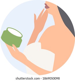 
Vector illustration on the theme of beauty. The girl applies cream to her face. Stylish illustration for beauty salons, shops, cosmetics, packaging and website design.