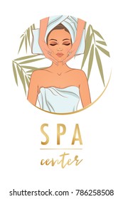 Vector illustration on the theme of beauty, self-care, spa center, relaxation. Can be used for business cards, flyers, beauty salons.