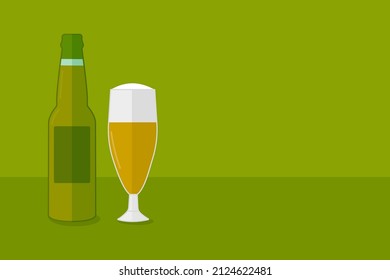 Ilustración vectorial sobre el tema del día de la cerveza. Un vaso lleno de cerveza con espuma y una botella de cerveza en un fondo verde, con un espacio vacío para un lema publicitario. Para banner publicitario