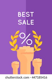 Vector illustration on the theme of the best selling in flat style cartoon. A Laurel wreath in his hand, and the percent sign for advertising, posters and web design.