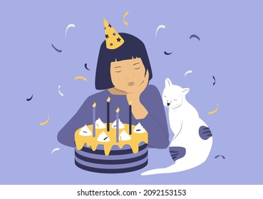 ilustración vectorial sobre el tema de la celebración de cumpleaños. triste niñita sentada sola en una torta de cumpleaños. un gato está sentado a su lado. ilustración de tendencia en estilo plano