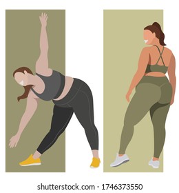 vector illustration on the theme of body positive. active cheerful active girls plus size in sports uniforms (leggings and sports bra). my body is my business. my body - my rules. love your body. 