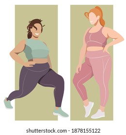 vector illustration on the theme of body positive. active cheerful active girls plus size in sports uniforms (leggings and sports bras). my body is my business. love your body. sport girls