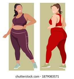 ilustración vectorial sobre el tema del cuerpo positivo. chicas activas y alegres más tamaño en uniformes deportivos (leggings y espacios deportivos). mi cuerpo es asunto mío. ama tu cuerpo. niñas deportivas