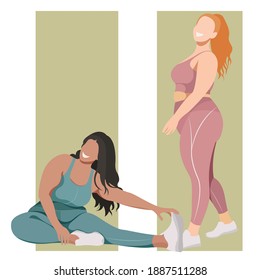 vector illustration on the theme of body positive. active cheerful active girls plus size in sports uniforms (leggings and sports bra).
