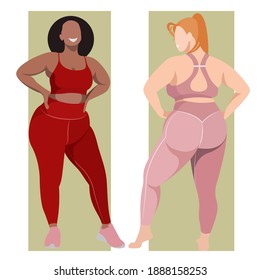 vector illustration on the theme of body positive. active cheerful active girls plus size in sports uniforms (leggings and sports bra). illustration isolated. colors can be changed
