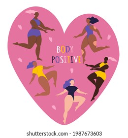 vector illustration on the theme of body positive. Different ethnicity and skin colour women characters in swimwear on the background of the heart. Trendy vector illustration in flat style 