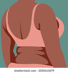vector illustration on the theme of body positive. juicy fat girl stands with her back and is not shy about fat folds on her body. isolated on white background. love and accept your body.love yourself