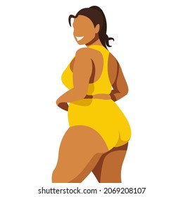ilustración vectorial sobre el tema del cuerpo positivo. una chica gorda está de pie con la espalda y no tiene miedo de los pliegues gordos en su cuerpo. aislado de fondo blanco. ama y acepta tu cuerpo.Ama