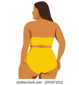 vector illustration on the theme of body positive. juicy fat girl stands with her back and is not shy about fat folds on her body. isolated on white background. love and accept your body.love yourself