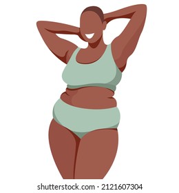 vector illustration on the theme of body positive. a young juicy plump girl is not shy about her belly fat rolls. isolated on white background. love and accept your body. love yourself