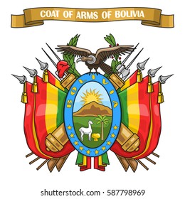 Vector illustration on theme Bolivian Coat of Arms, heraldic shield with national state flags and symbol of Bolivia - condor, on ribbon lettering coat of arms of bolivia, bolivian emblem heraldry.