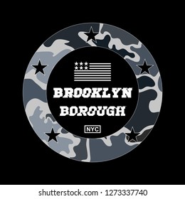 Vector illustration on the theme of boroughs of New York City. Design camouflage t-shirt on a sports theme. Typography, graphics, poster, print, banner, flyer. Athletic clothes.