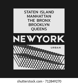 Vector illustration on the theme of boroughs of New York City: Manhattan, the Bronx, Queens, Brooklyn, and Staten Island. Typography, t-shirt graphics, poster, print, banner, flyer, postcard