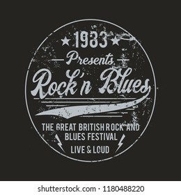 Vector illustration on the theme of British rock and blues music festival. Vintage design.  Grunge background. Stump typography, t-shirt graphics, print, poster, banner, flyer, postcard