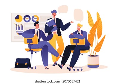 Vector illustration on theme of business and teamwork. Characters, young men, professionals discussing project, work plan, or ways to improve business strategy. Flat cartoon style.