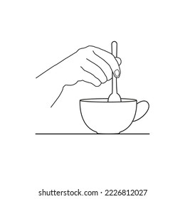 Vector illustration on the theme of the cafe. Hand stirs coffee in a cup with a spoon. For use in cafes or tearooms