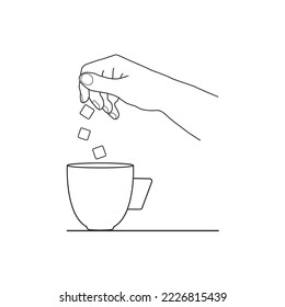 Vector illustration on the theme of the cafe in the outline style. A hand throws sugar cubes into a cup of tea or coffee. For use in cafes or tearooms