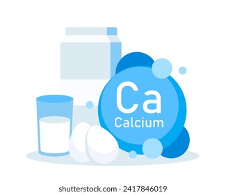 Vector illustration on the theme of calcium mineral and food containing calcium in cartoon flat style.