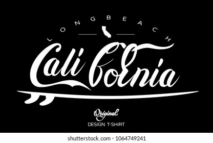 Vector illustration on the theme of California, summer, surfing. Typography, t-shirt graphics, print, poster, banner, flyer, postcard.