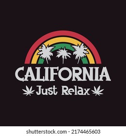 Vector illustration on the theme of California, marijuana and reggae music. Grunge background. Typography, t-shirt graphics, print, poster, banner, flyer, postcard