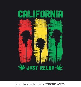 Ilustración vectorial sobre el tema de California, la marihuana y la música reggae. Borde de fondo. Tipografía, gráficos para camisetas, impresión, afiche, pancarta, volante, postal