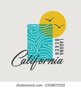 Ilustración vectorial sobre el tema de la playa de California. El pájaro natural vuela en la rama. puesta de sol en la ola de agua. Tipografía de bulto, gráficos de camisetas, impresión, afiche, pancarta, volante, postal