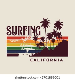 Ilustración vectorial sobre el tema de California. Tipografía del deporte, gráficos de la camiseta, impresión, cartel, Anuncio, volante, postal