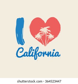 Vector illustration on the theme of California. I love California. The effect of ink splashes. Typography, t-shirt graphics, poster, banner, flyer, postcard