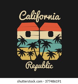 Vector illustration on the theme of California.  Typography, t-shirt graphics, poster, banner, flyer, postcard