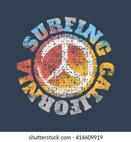Vector illustration on the theme of California.  The peace symbol. Grunge design.  Typography, t-shirt graphics, poster, print, banner, flyer, postcard
