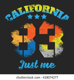 Vector illustration on the theme of California. Grunge design. Number sport typography, t-shirt graphics, poster, print, banner, flyer and postcard