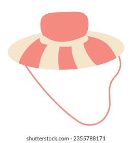 Vector illustration on the theme of camping in the style of the groove 70-80s. Striped sun hat in yellow and red shades