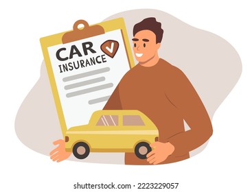 vector illustration on the theme of car insurance. Insurance policy blank, car and man. Trendy illustration in flat style