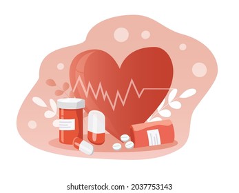 vector illustration on the theme of cardiology, heart health. big heart, cardiogram, tablets and pills. trend illustration in flat style