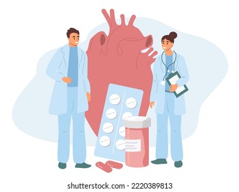 vector illustration on the theme of cardiology, heart health. two doctors, big heart, tablets and pills. trend illustration in flat style