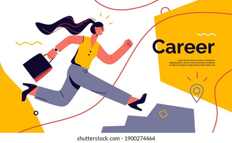 Vector Illustration On The Theme Of Career, Achievement, Success Depicting A Running Woman.