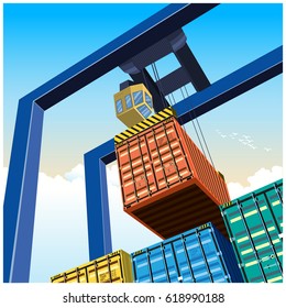 Vector illustration on a theme of a cargo transportation. Gantry crane for lifting containers