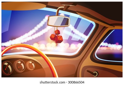Vector illustration on the theme of cars and travel. vehicle interior and great views of the bridge at night