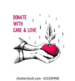 Vector illustration on the theme of charity. Hands with a heart. Done in black, isolated from the background. Drawn by hand.