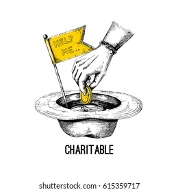 Vector illustration on the theme of charity. Help the poor. Done in black, isolated from the background. Drawn by hand.