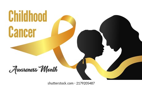 Vector illustration on the theme of Childhood Cancer awareness month observed each year during September with golden realistic ribbon and silhouette of a child and mother on background.