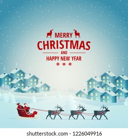 Vector illustration on the theme of Christmas and New Year. Daytime winter landscape. Santa Claus presents gifts. Merry Christmas card.