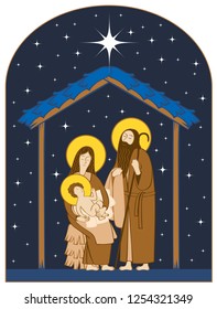 Vector illustration on the theme of Christmas and New Year in flat style. Holy Family and shining Christmas star. Christmas Nativity scene