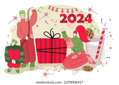 vector illustration on the theme of Christmas and New Year in flat style. Vector illustration with people celebrating New Year in flat style. Christmas 2024